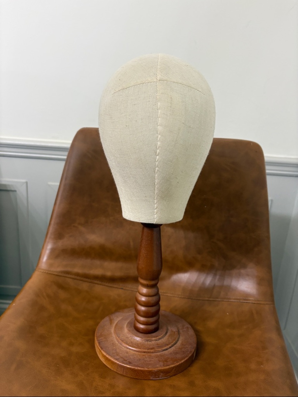 Neutral Canvas Millinery Hat Block on Wooden Stand - Picture 3 of 4